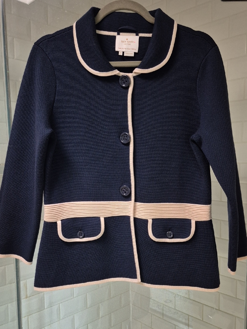 Kate Spade Navy Woolblend Cream Trim Sweater/Jacket Sz. 8 Excellent Condition